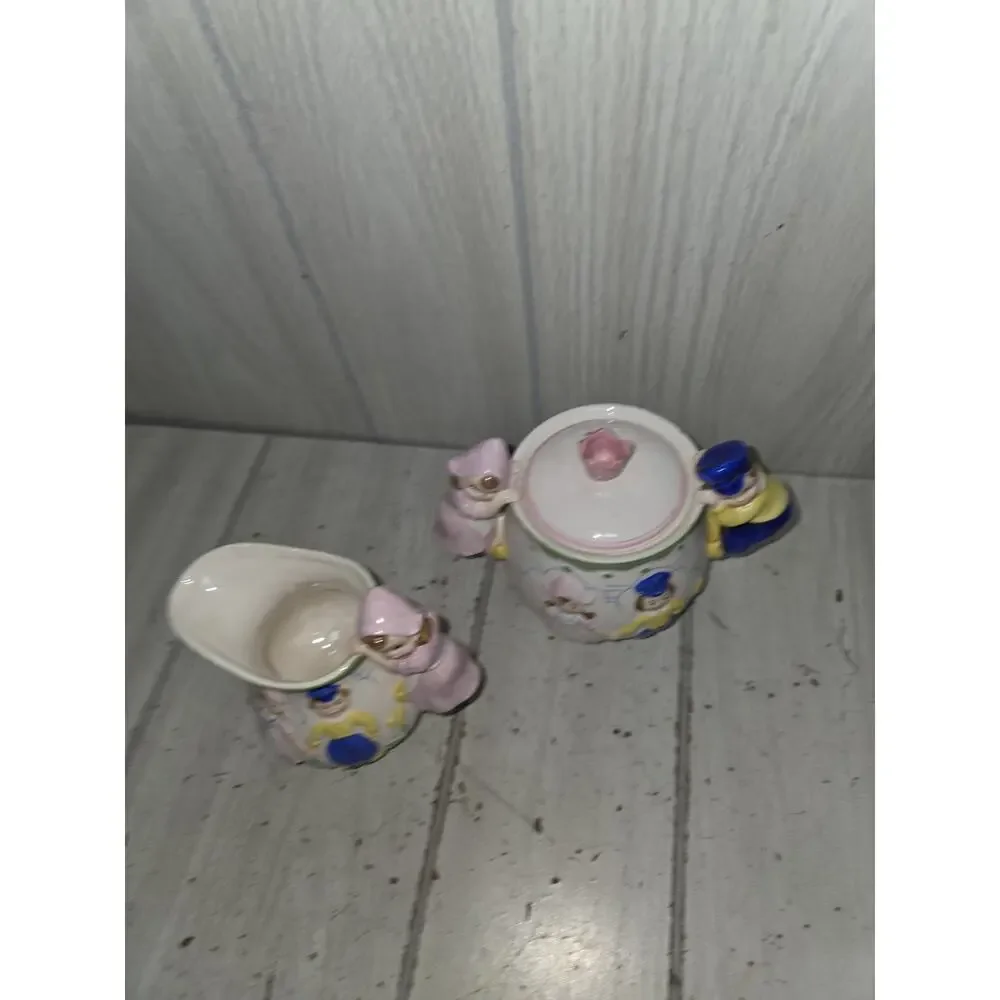 Vtg Green Trim Dutch Holland Windmill Boy & Girl Creamer and Sugar Set Kitschy